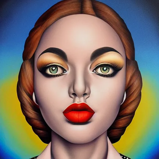 Prompt: airbrush art, an ultrafine detailed painting by rafal olbinski, pop surrealism, minimalist, skeuomorphic, very detailed, behance contest winner, detailed painting, a painting of a woman