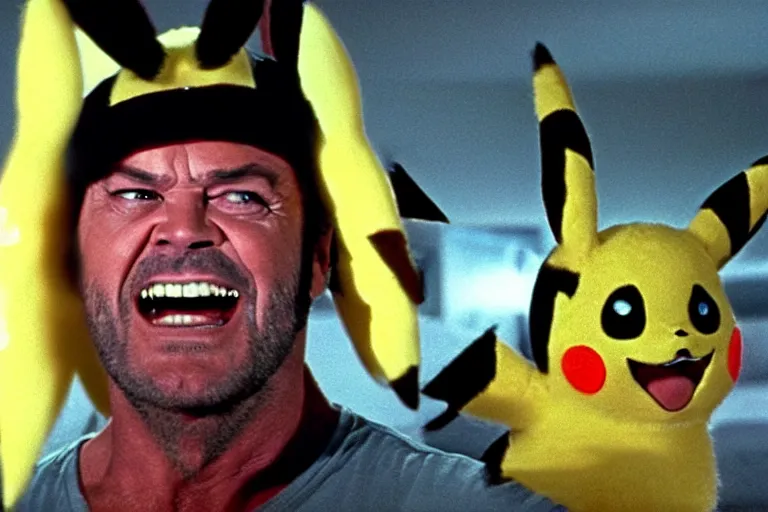 Prompt: Jack Nicholson in costume of Pikachu Terminator scene where his endoskeleton gets exposed still from the movie