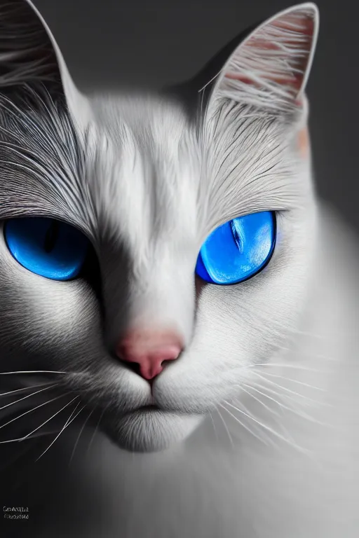 Prompt: hyper - realistic close up portrait of a happy white cat with blue eyes, photorealism, portrait photography, volumetric lighting, insanely detailed, artstation, 4 k, 8 k