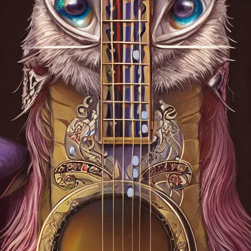 Prompt: eyes, guitar, extremely Highly detailed, Occult, funny, humorous, humor, hilarious, funny, entertaining, magical, trending on artstationHQ, closeup, D&D, intricate, elegant, highly detailed, digital painting, artstation, concept art, matte, sharp focus, illustration, surrealism