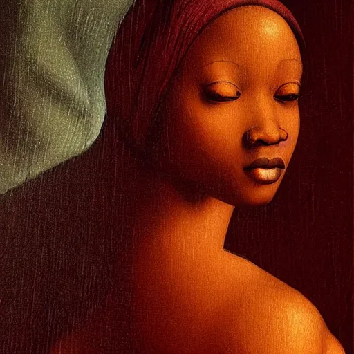 Prompt: a painting of a beautiful African woman by Leonardo da Vinci . dramatic angle, ethereal lights, details, smooth, sharp focus, illustration, realistic, cinematic, artstation, award winning, rgb , unreal engine, octane render, cinematic light, macro, depth of field, blur, red light and clouds from the back, highly detailed epic cinematic concept art CG render made in Maya, Blender and Photoshop, octane render, excellent composition, dynamic dramatic cinematic lighting, aesthetic, very inspirational, arthouse.