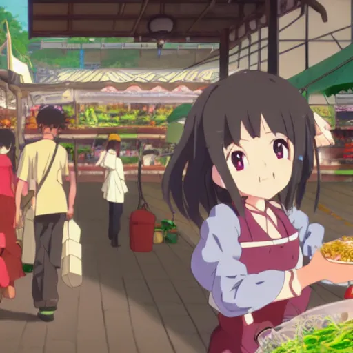 Image similar to vtuber anime girl, eating at a market, fantasy, studio ghibli, screenshot from the anime film by makoto shinkai, 8k