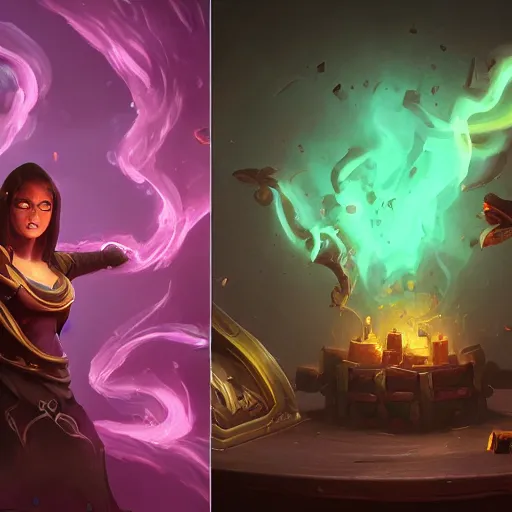 Prompt: arcane style spinning cards made of dark violet smoke, magic smoke, magic experiment, bright art masterpiece artstation. 8k, sharp high quality artwork in style of Jose Daniel Cabrera Pena and Greg Rutkowski, golden theme, concept art by Tooth Wu, blizzard warcraft artwork, hearthstone card game artwork