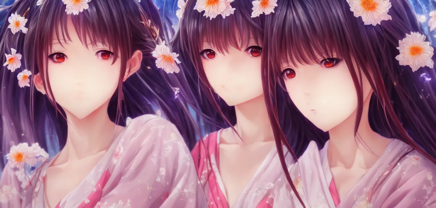 Image similar to portrait three beautiful anime girls wear coctail kimono closeup | | sunny night, full moon, dreamlike art, realistic shaded, smile, good looking, hyper details, 4 k realistic, cryengine, realistic shaded lighting poster by artgerm, ross tran, fuji choko, 8 k resolution, trending on artstation, luxury