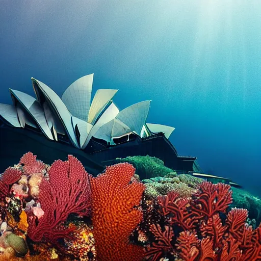 Prompt: the sydney opera house, underwater shot. coral reef. award-winning photography