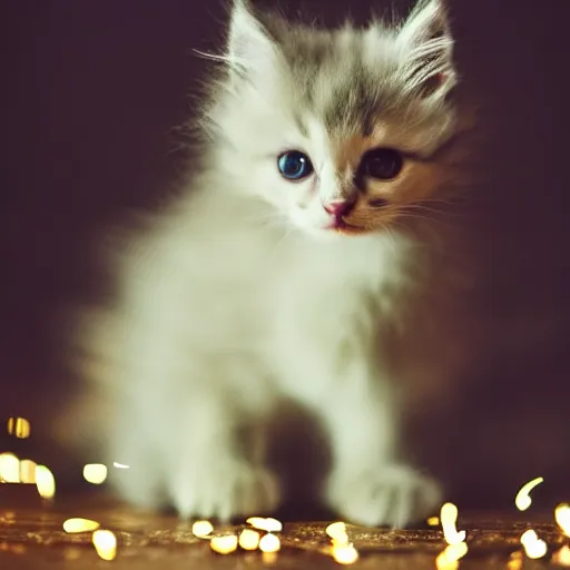 Prompt: Photo of a cute very, very, extra, fluffy kitten playing with bokeh's of light. Whimsical. Magical.