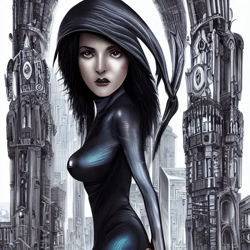 Prompt: Tall, beautiful, slender female witch with dark hair, futuristic, alien cityscape, intricate detail, symmetrical facial features, naturally proportioned body, photorealism,