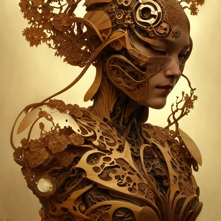 Prompt: organic cyborg, japanese wood carving, diffuse lighting, fantasy, intricate, elegant, highly detailed, lifelike, photorealistic, digital painting, artstation, illustration, concept art, smooth, sharp focus, art by John Collier and Albert Aublet and Krenz Cushart and Artem Demura and Alphonse Mucha