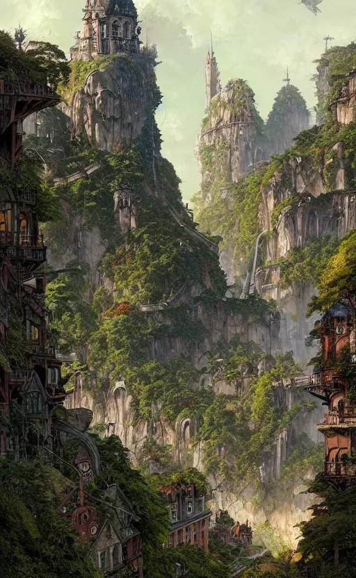 Prompt: gothic foliage architecture busy city on a cliff by the sea side, nice view, airships, dense foliage poster art by kim jung giu and weta studio, and lucasfilm and jesper ejsing and norman rockwell greg rutkowski frank frazzeta