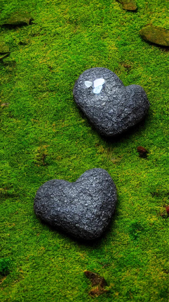 Image similar to a crystal heart laying on moss in a serene zen garden, light rays are coming through the leaves above, god rays, beautiful award winning macro photography, unreal engine 5, trending on artstation, serene secluded garden, isometric angle,