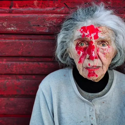 Prompt: Elderly woman with black eyes covered in red paint,