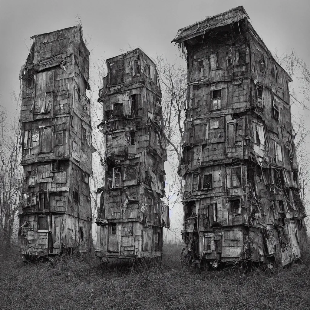 Prompt: two towers, made up of makeshift squatter shacks, misty, dystopia, mamiya rb 6 7, fully frontal view, very detailed, digital glitches, photographed by jeanette hagglund