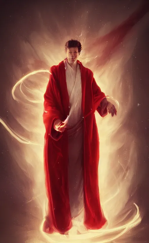 Prompt: man with long red robe over a white shirt magic wand raised high, facing camera, swirling magical energy, magic realism, artwork by chengwei pan, trending on artstation
