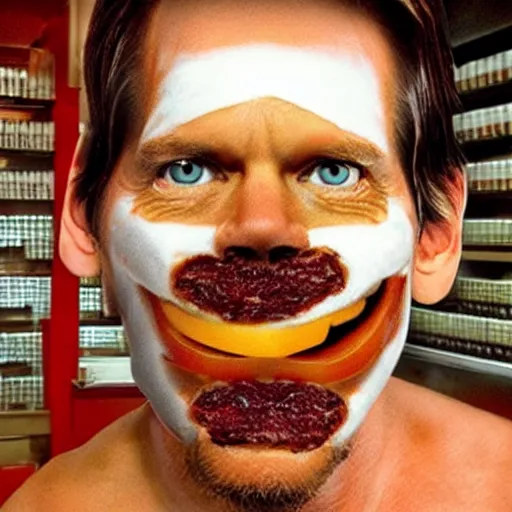 Image similar to kevin bacon face wrapped inside a cheeseburger