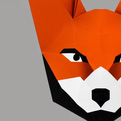 Image similar to logo featuring a fox's head as origami art, flat, white and orange colors, white background, Cut style, featuring the word FOXY