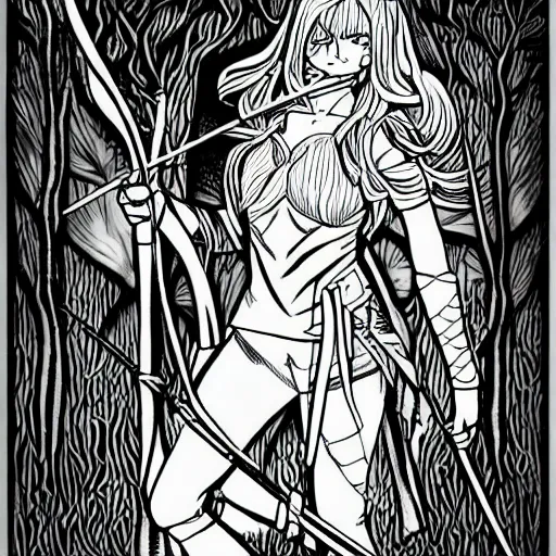Prompt: female elven archer in forest, symmetric, detaoled portrait, half-tones, manga line art style, by Eiichiro Oda
