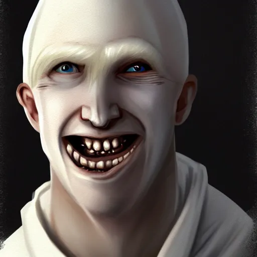 Image similar to Pale-skinned man with a pinched face, crazed eyes, and a strained toothy grin. He has short blond unwashed hair. He wears a white oversized cultist robe that is dirty and stained. Epic fantasy art, award winning on Artstation.