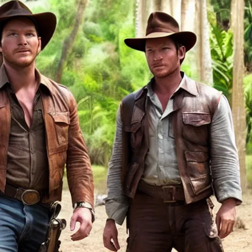 Prompt: chris pratt as indiana jones together with harrison ford, instagram, cinematic, natural lighting, genuine smile