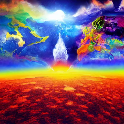 Image similar to The earth and sky Happiness and rage at battle the art between the fire, art Station, 4k UHD, war of colors