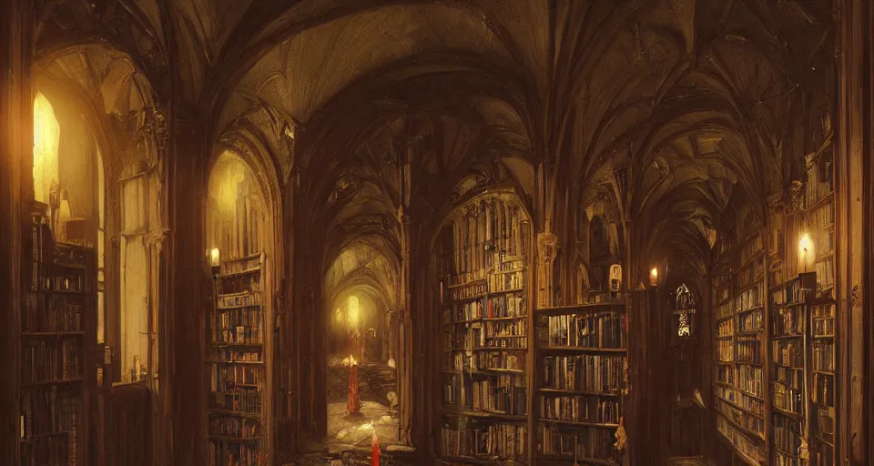 Image similar to Stefan Koidl's painting of a deep dark creepy gothic victorian corridor with bookshelves everywhere and two candles. 4k, octane, digital painting, artstation, concept art, sharp focus, illustration, art by artgerm and greg rutkowski and alphonse mucha.