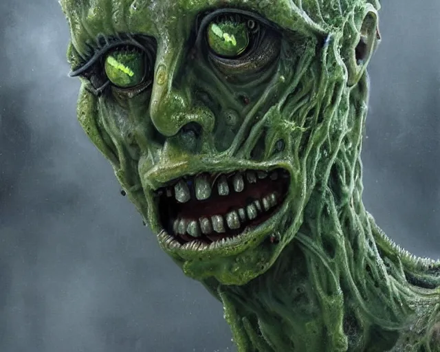 Image similar to Haunting horrifying hyperrealistic detailed painting of a tall slim spider extraterrestrial creature made of concrete stone brick, gelatinous green goop, heavy metal, disgusting, creepy, unsettling, and bloodshot eyeballs, hyper detailed, trending on Artstation