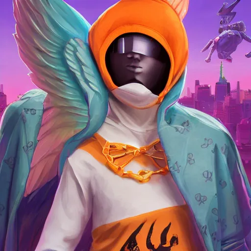 Image similar to baby Angel, baby cherub,wearing angel, face covered, Gucci, halo, ski mask, balaclava, face covered, wearing angel halo covered face, orange hoodie, hip hop, multiple golden necklaces, fantasy art apex fortnite Video game icon, 2d game art gta5 cover , official fanart behance hd artstation by Jesper Ejsing, by RHADS, Makoto Shinkai and Lois van baarle, ilya kuvshinov, rossdraws