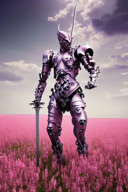 Image similar to ultrarealistic cinematic cyborg dragon holding sword in a field of pale pink flowers, highly detailed smooth digital art masterpiece, vitaly bulgarov artgerm dramatic light, ground angle uhd 8 k, sharp focus