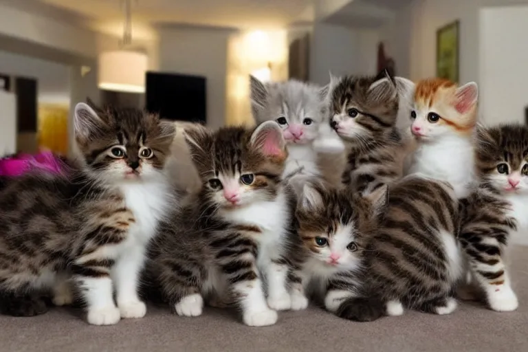 Image similar to a living room full of detailed cute kittens