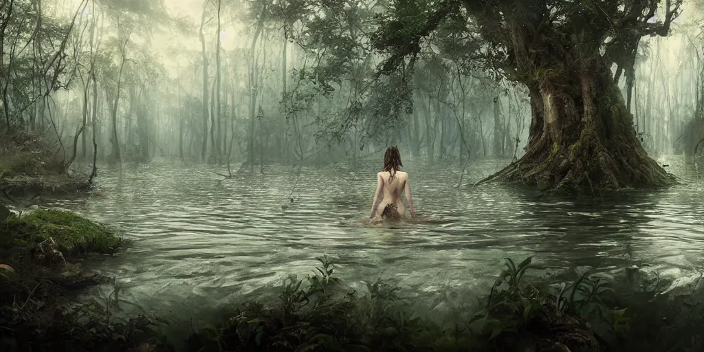 Prompt: forest nymph rising from the water. view from behind, back view. nuri iyem, james gurney, james jean, greg rutkowski, anato finnstark. award winning photography, cinematic, clear, love