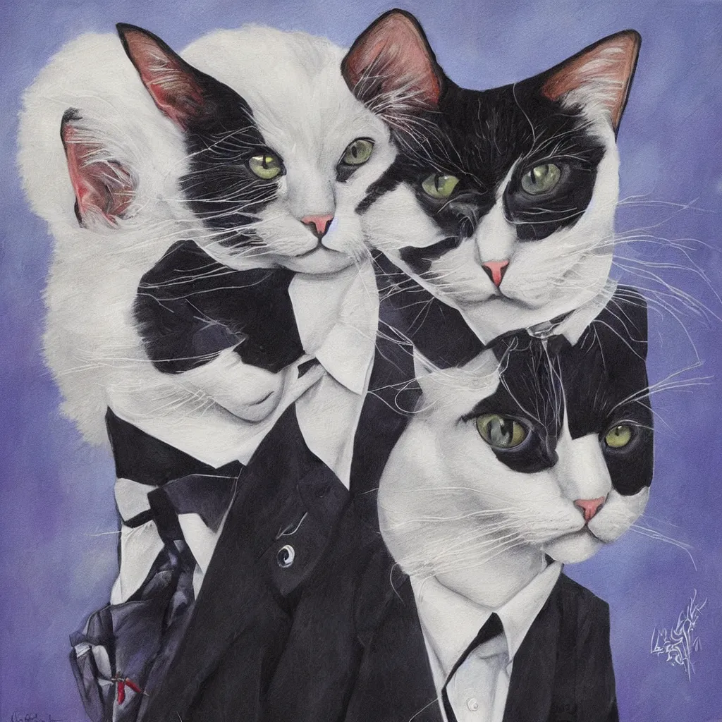 Prompt: a cat wearing a suit, artwork by lori earley