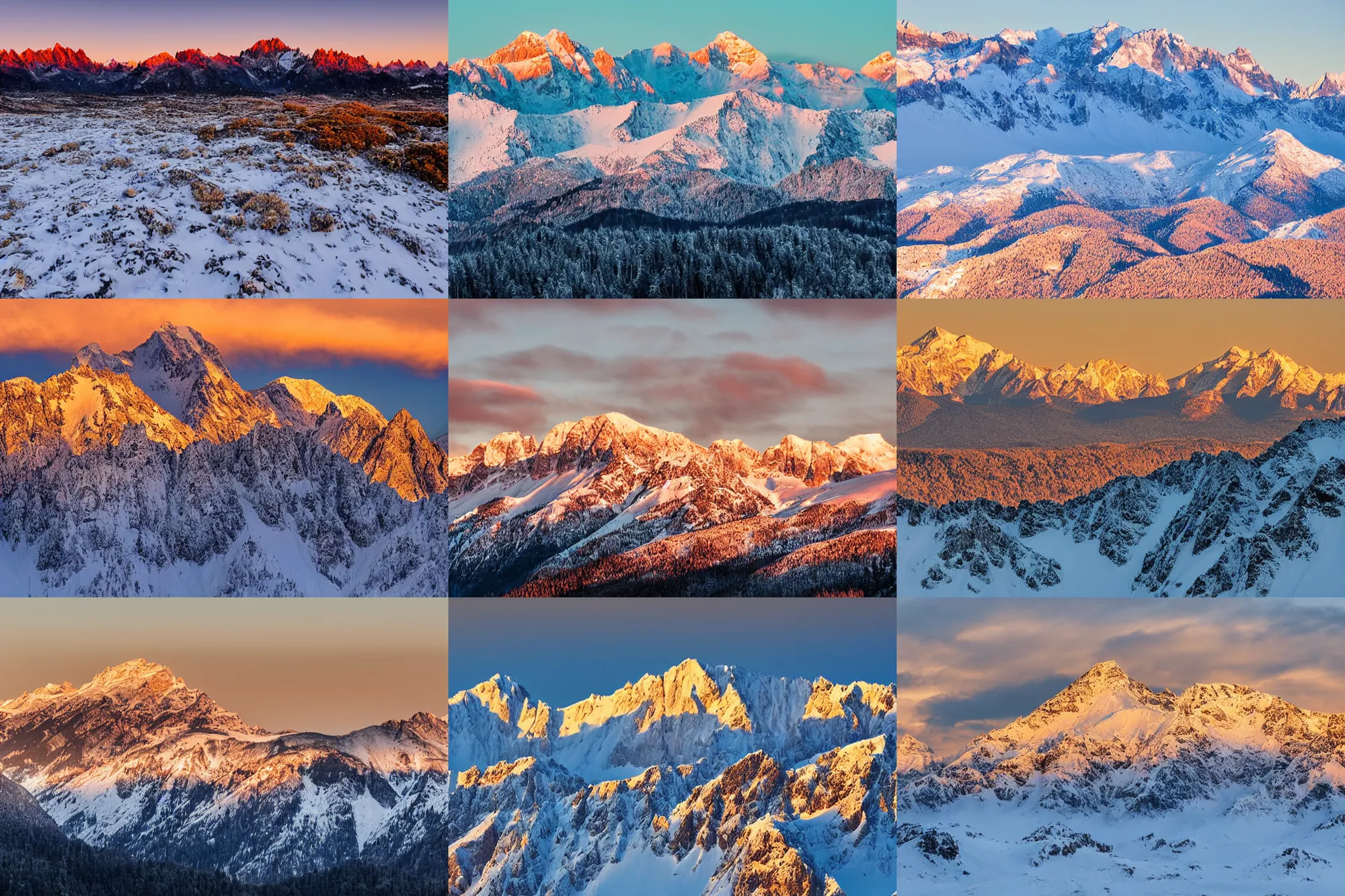 Prompt: long distance photo of snowy mountain range, golden hour,, awe inspiring, dramatic, 5 0 mm lens, wide angle