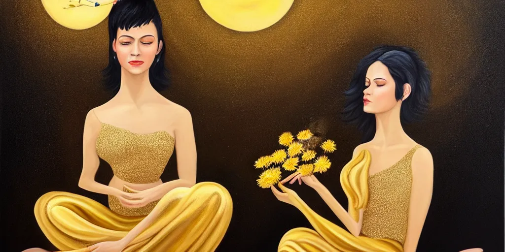 Prompt: very realistic beautiful painting of a woman with short black hair with golden details in it wearing a long metallic golden skirt covering her whole body holding flowers and levitating a pear, sun on the left moon on the right as she is sitting on a rock at night time, hyper realistic 8K HD, highly detailed