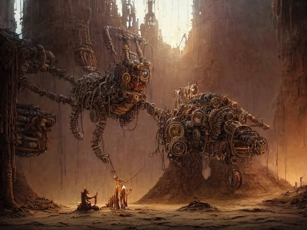 Image similar to A magical male-shaman in shamanistic robes performs a ritual to resurrect a mechanical horse inside a ancient steel ruins are covered with barchans of sand. Art by Finnian MacManus, Simon Stalenhag, Arthur Rackham. Masterpiece, fantasy art, cinematic, hyperdetailed, sigils, photorealistic, cyberpunk, postapocalyptic, steampunk, hyperrealism, octane render, 8k