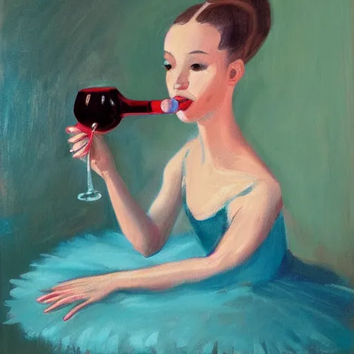 Image similar to painting of a ballerina drinking wine in a teal room, red background