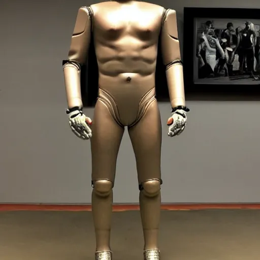 Prompt: “a realistic detailed photo of a guy who is an attractive humanoid who is half robot and half humanoid, who is a male android, American freestyle and folkstyle wrestler from Oklahoma AJ Ferrari, shiny skin, posing like a statue, blank stare, at college, on display”