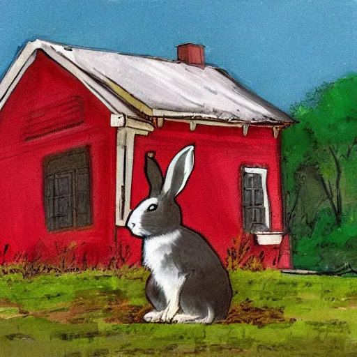 Image similar to a rabbit sitting in front of a swedish red cottage, in the style of anders zorn