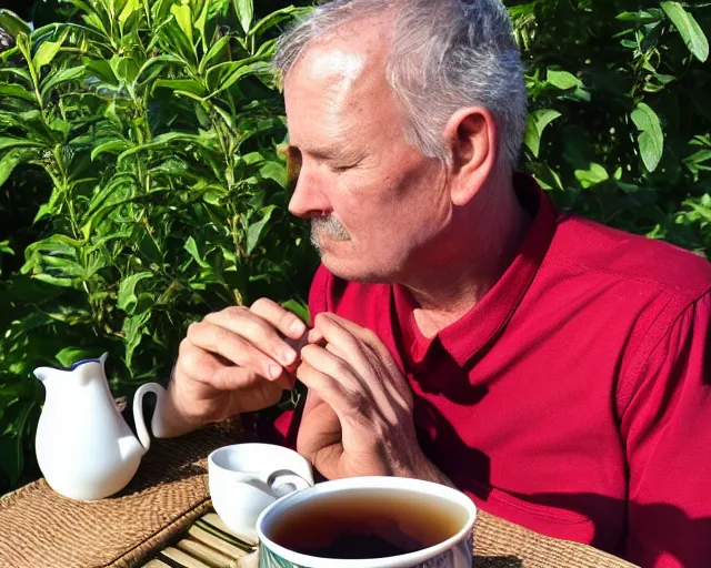 Image similar to mr robert is drinking fresh tea, smoke pot and meditate in a garden from spiral mug, detailed glad face, power arms, golden hour closeup photo, red elegant shirt, eyes wide open, ymmm and that smell