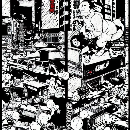 Prompt: yakuzas vs yokais in post-apocalyptic tokyo, illustration by Tyler Stout