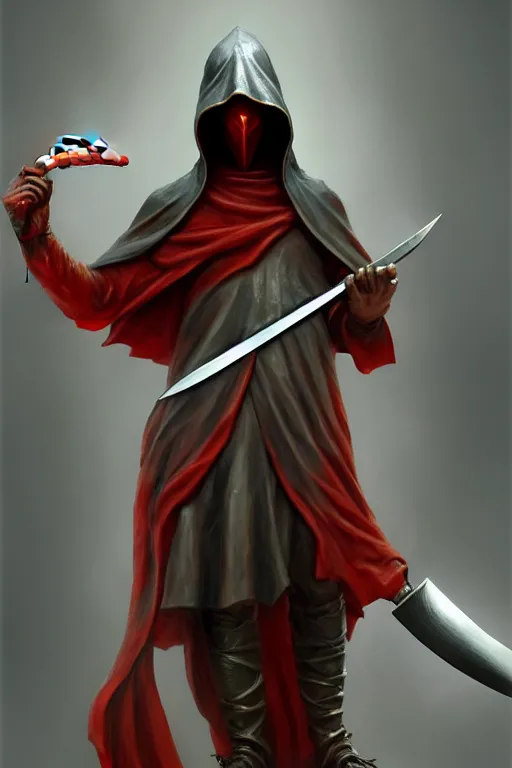 Image similar to a statue of a hooded cultist is holding a bloody knife in one hand and a tomato on the other, by patrick mcenvoy and michael komarck and fantasy flight, incredible quality, trending on artstation