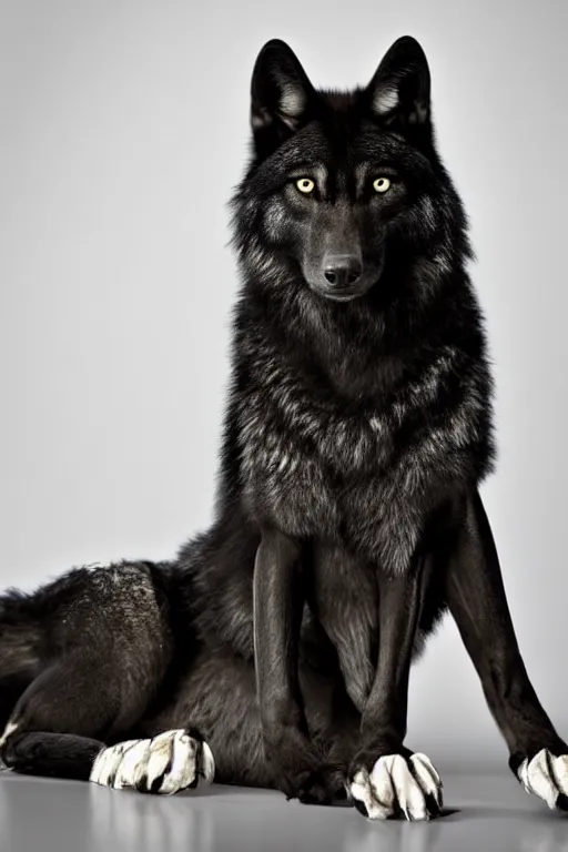 Image similar to a black wolf sitting alone with white eyes, studio lighting