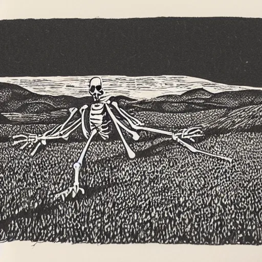 Prompt: risograph of a skeleton in a field