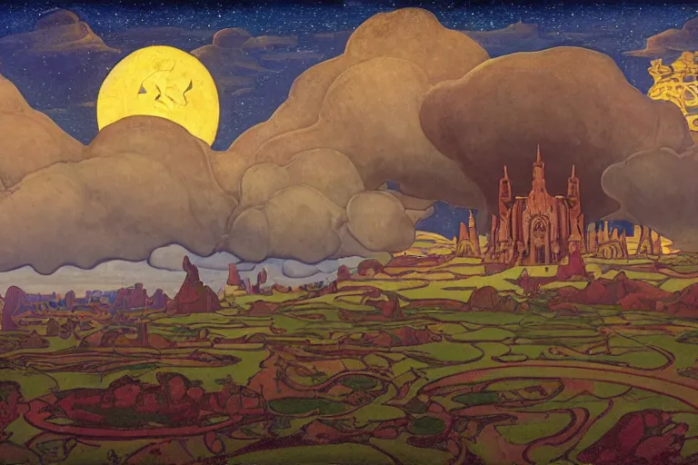 Image similar to the holy tower of the moon and stars and its surrounding gardens, dramatic cinematic lighting, ornate folk-art carved architecture, rich colors, by Nicholas Roerich and William Dyce and ford madox brown and April Gornik and Caspar David Friedrich and Diego Rivera and Tyler Edlin and Ivan Bilibin, featured on artstation