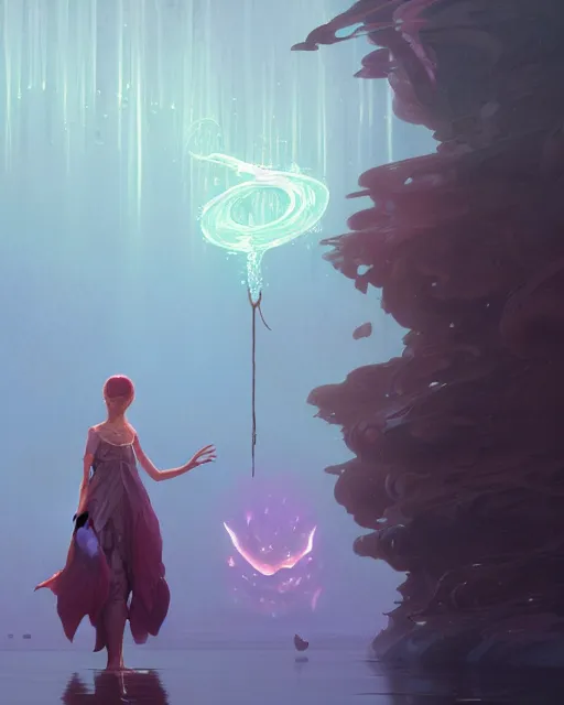 Image similar to highly detailed vfx portrait a mage casting a water spell, stephen bliss, unreal engine, greg rutkowski, loish, rhads, beeple, makoto shinkai and lois van baarle, ilya kuvshinov, rossdraws, tom bagshaw, alphonse mucha, global illumination, detailed and intricate environment