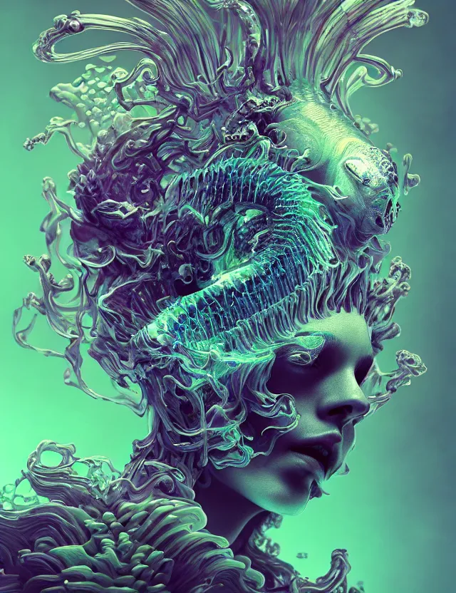 Image similar to 3 d goddess macro close - up portrait wigh crown made of ram skull. betta fish, jellyfish phoenix, bioluminiscent, plasma, ice, water, wind, creature, super intricate ornaments artwork by tooth wu and wlop and beeple and greg rutkowski