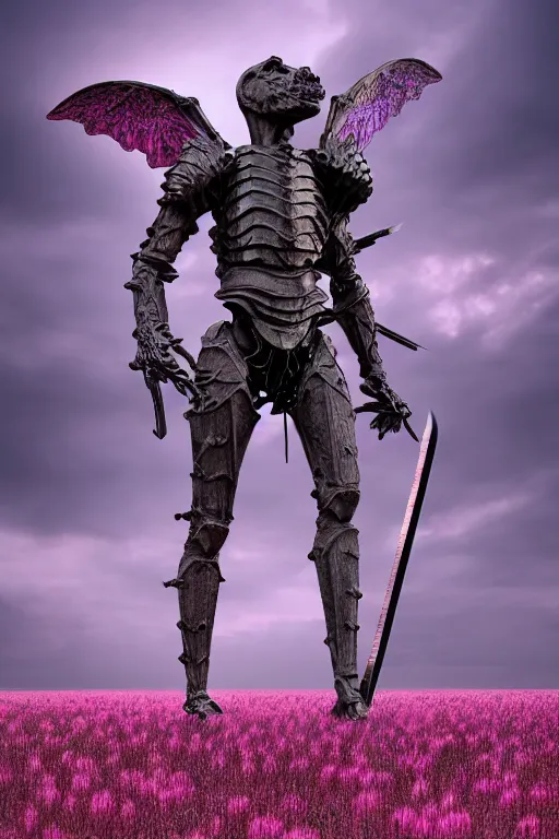 Image similar to hyperrealistic neo - gothic giant human gargoyle hybrid, exoskeleton armor, holding katana, field of pink flowers, highly detailed digital art masterpiece, vitaly bulgarov dramatic dark teal light, ground angle hd 8 k, sharp focus