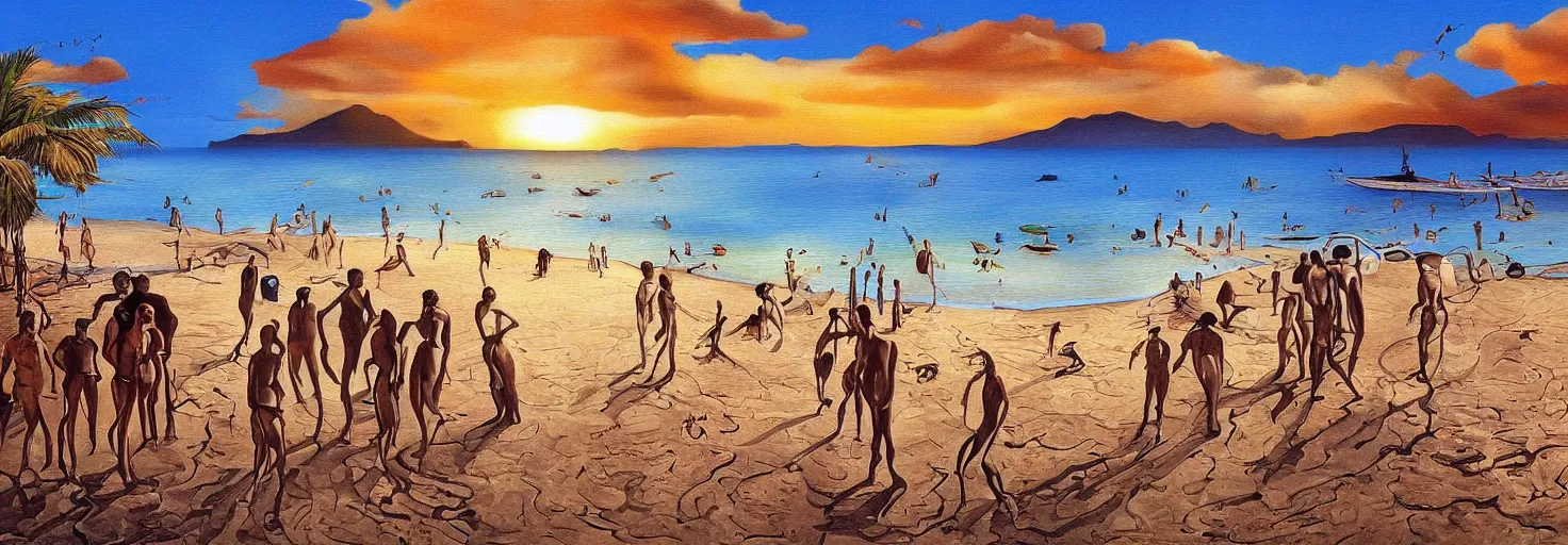 Image similar to People in beach by Salvador Dali and Bob Ross collaboration, mural, sun set, digital art, high details