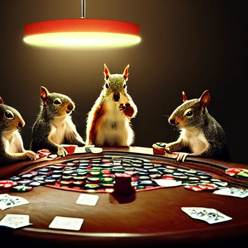 Prompt: a meeting of squirrels playing poker, dramatic lighting, perfect movie shot