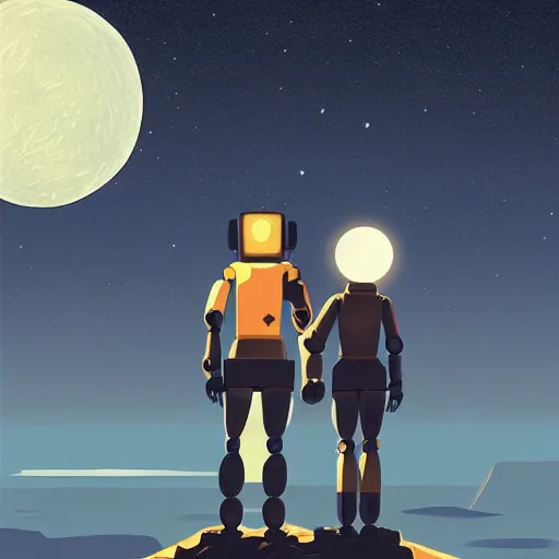 Prompt: illustration of two robots holding hands on a summit, standing, looking out toward a full moon on a starry night, beautiful, muted colors, in the style of hirohiko araki, rutkowski, atey ghailan