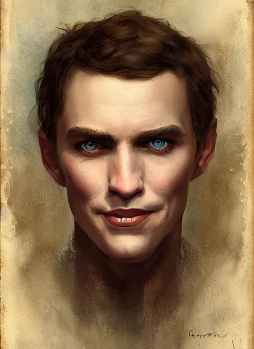 Prompt: a threatening portrait of a smiling man pretending to be human with beautiful blue eyes and short brown hair, art by manuel sanjulian and tom bagshaw