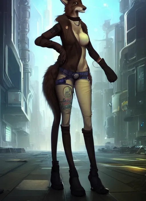 Prompt: beautiful portrait of a sexy female anthro coyote fursona with a fur-covered body wearing mechanic clothes in a cyberpunk industrial city. character design by charlie bowater, ross tran, artgerm, and makoto shinkai, detailed, soft lighting, rendered in octane